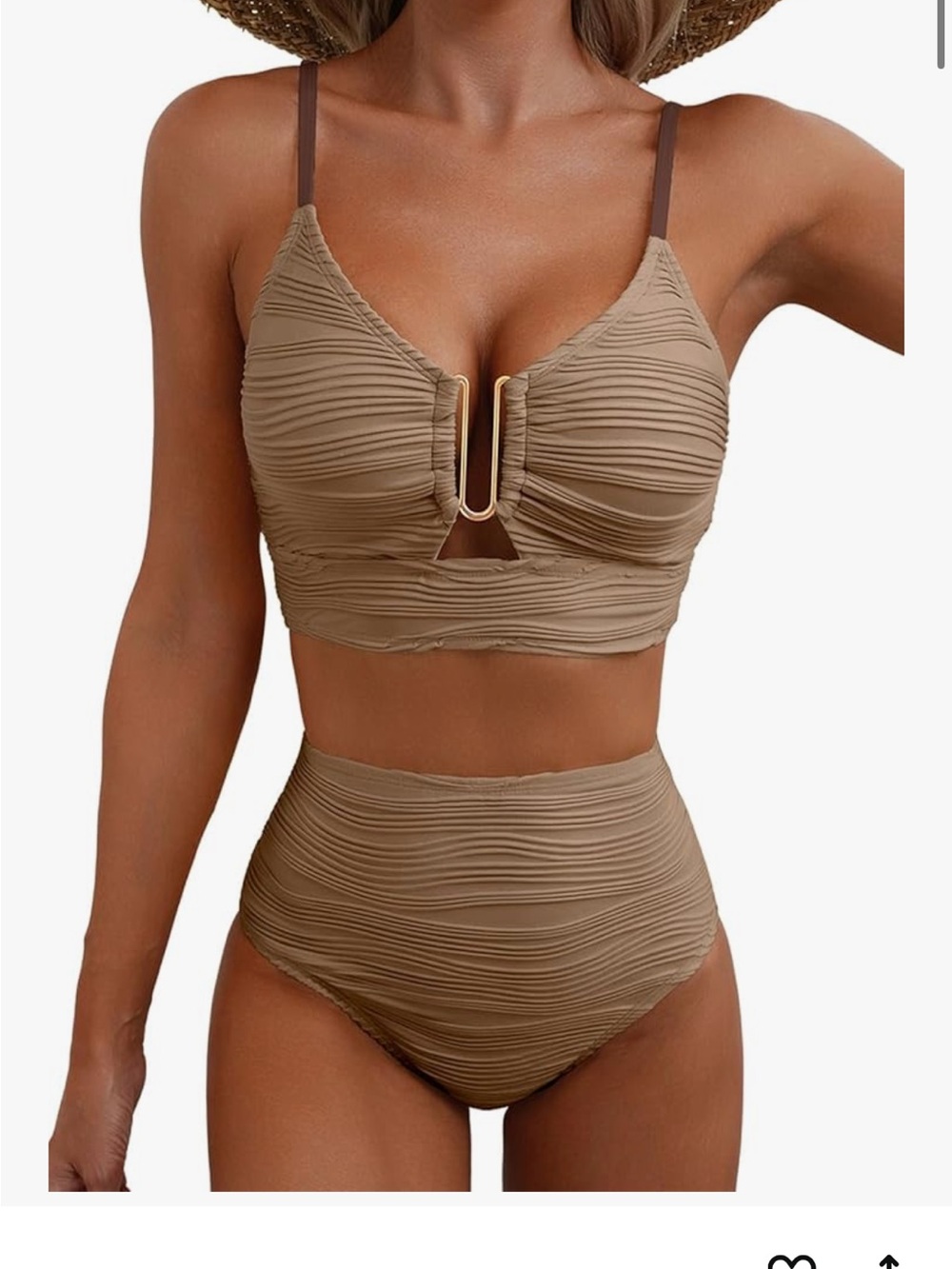 High-Waist Textured V-Plunge Bikini Set - Taupe